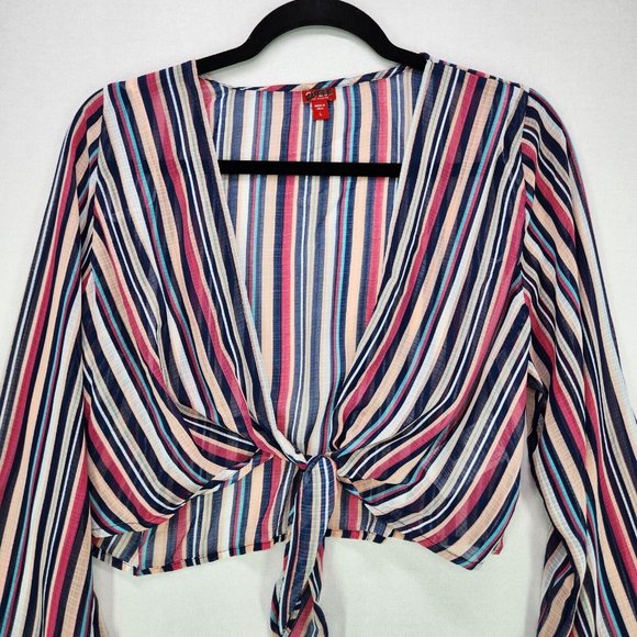 Guess Cropped Top Womens Large Sheer Long Sleeve Ruffle Striped Tie Front - Picture 3 of 9